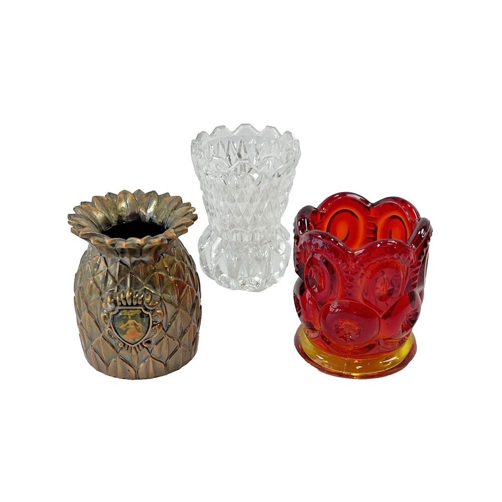 Vintage Copper Hawaii Red Amberina Clear Glass Toothpick‎ Holders Set Of 3